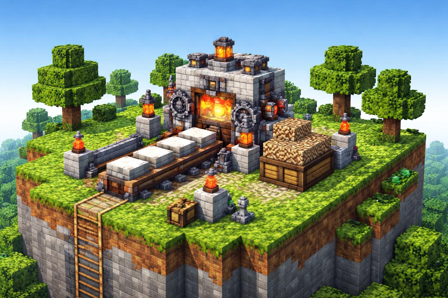 A voxel machine transforming blank tiles into a retro maze pattern