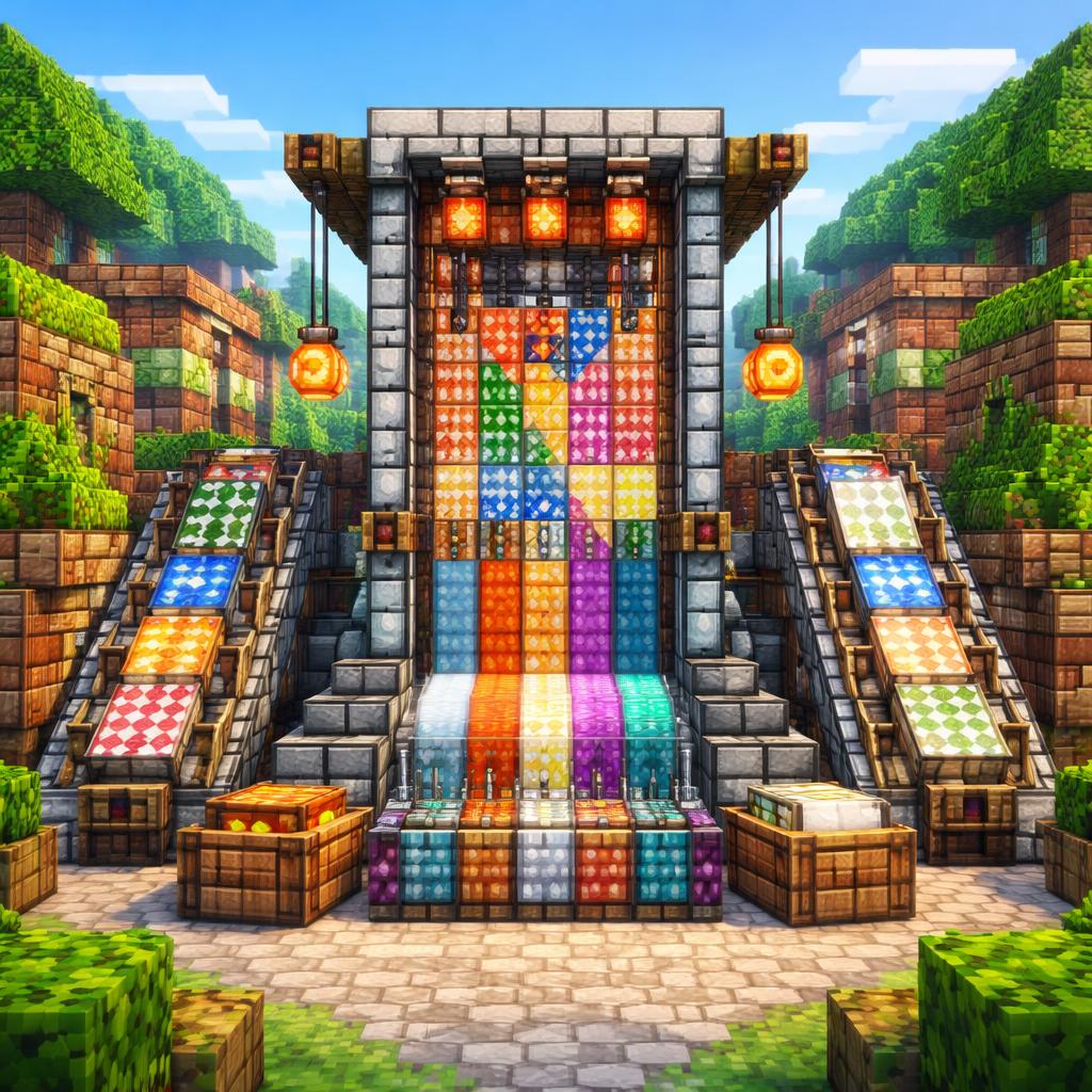 A voxel valley workshop weaving dot grids, zigzags, and circular motifs into a backdrop