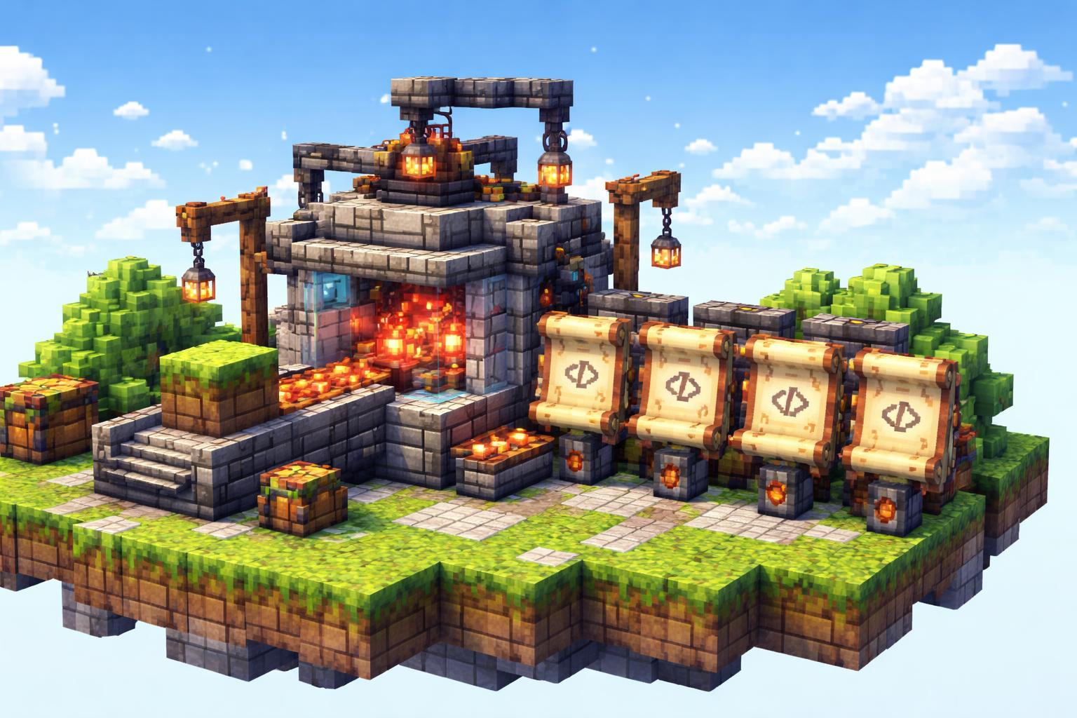 A voxel banner showing a tiny workshop machine converting a 3D model into embed code panels