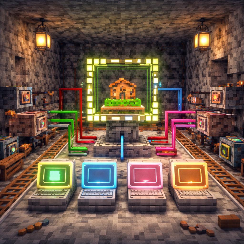 Voxel factory scene with rails carrying a model through an export line toward ready-to-paste embed panels
