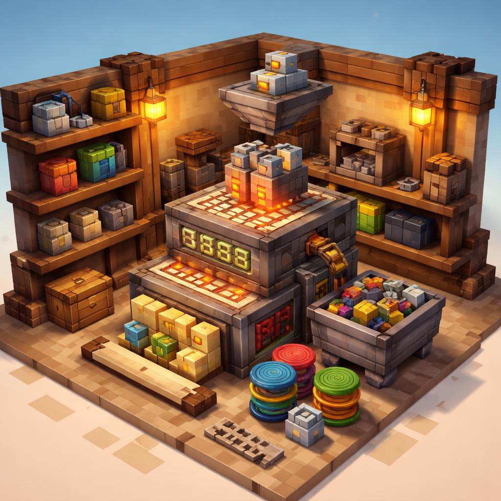A voxel workshop estimating material use with reels, blocks, and counters