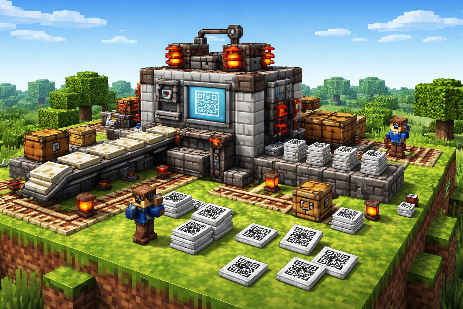 Hero banner for QR Code Batch Generator showing a voxel machine producing many QR tiles