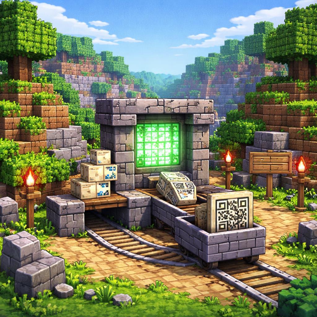 Voxel illustration of QR code outputs being sorted into cards and labels