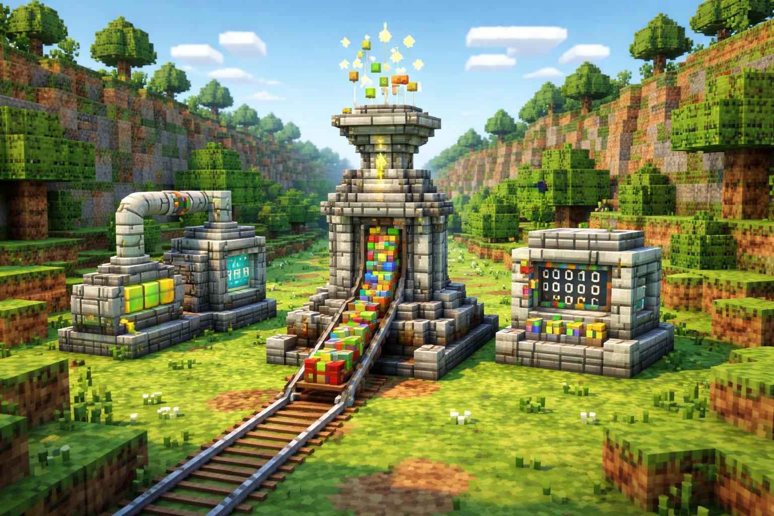 Encoding and decoding valley with processing tower and related utility machines