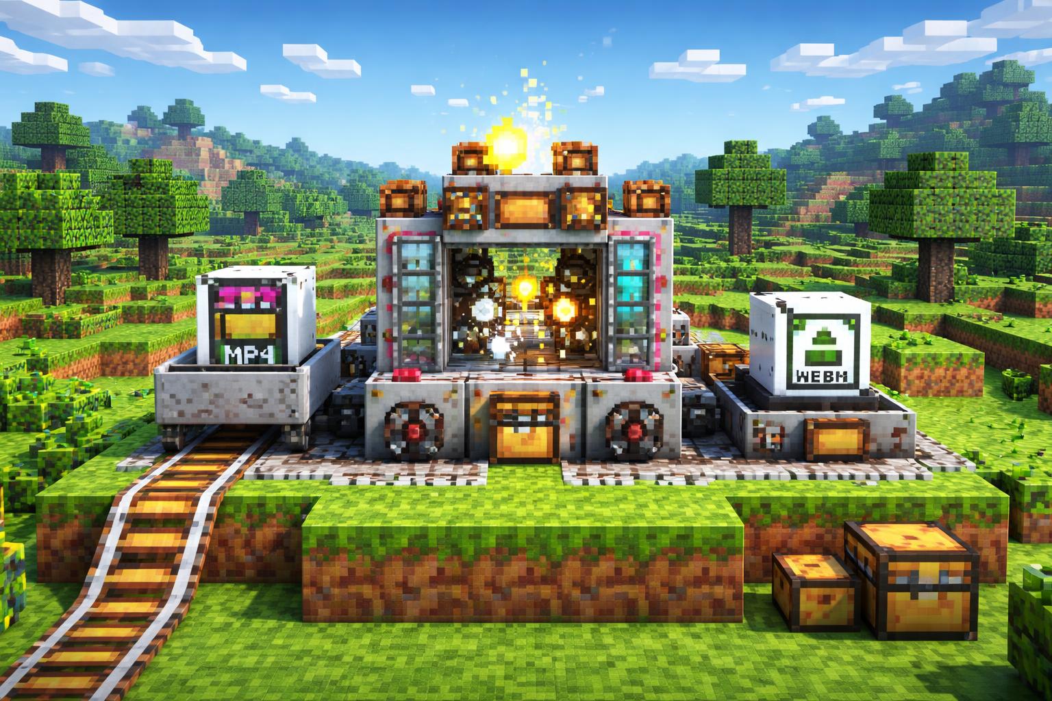 Hero banner showing a voxel video conversion machine turning an MP4 reel into a WebM crate