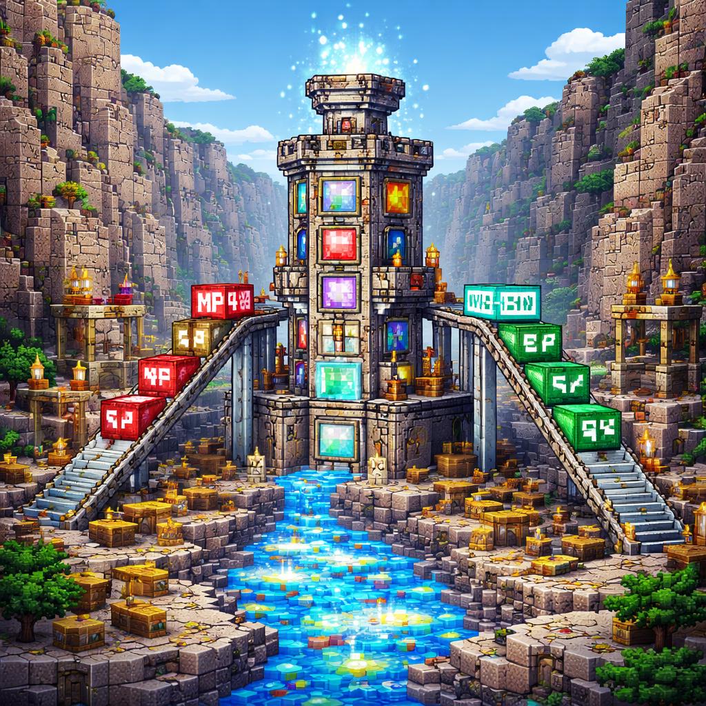Voxel valley scene with a conversion tower outputting WebM blocks along a rail line