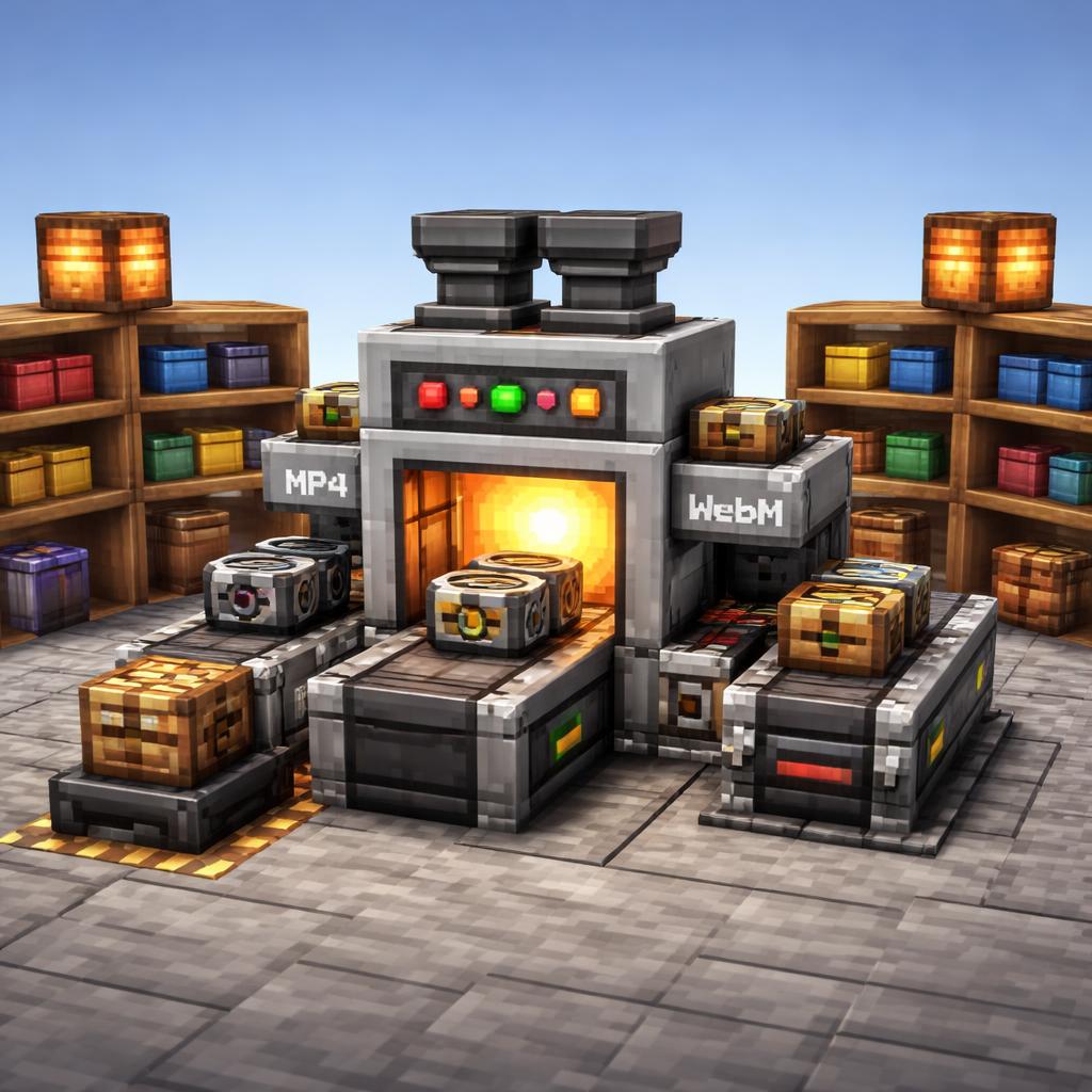 Voxel workshop with a browser-based conversion machine processing an MP4 file into WebM