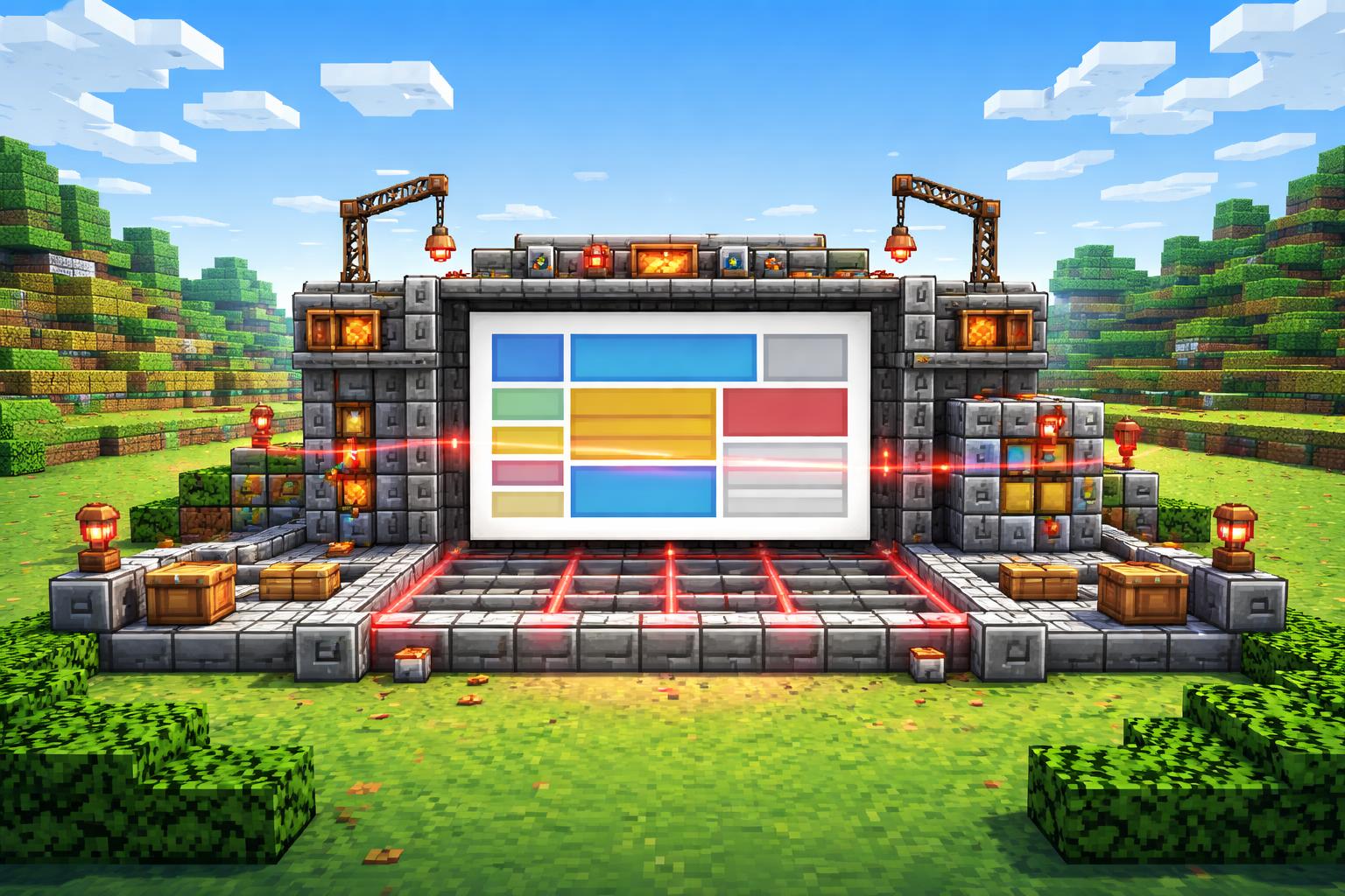 A voxel banner showing a responsive grid workstation assembling neat rows and columns
