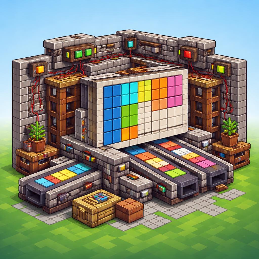 A voxel workshop where grid tiles slide into precise rows for responsive layout planning