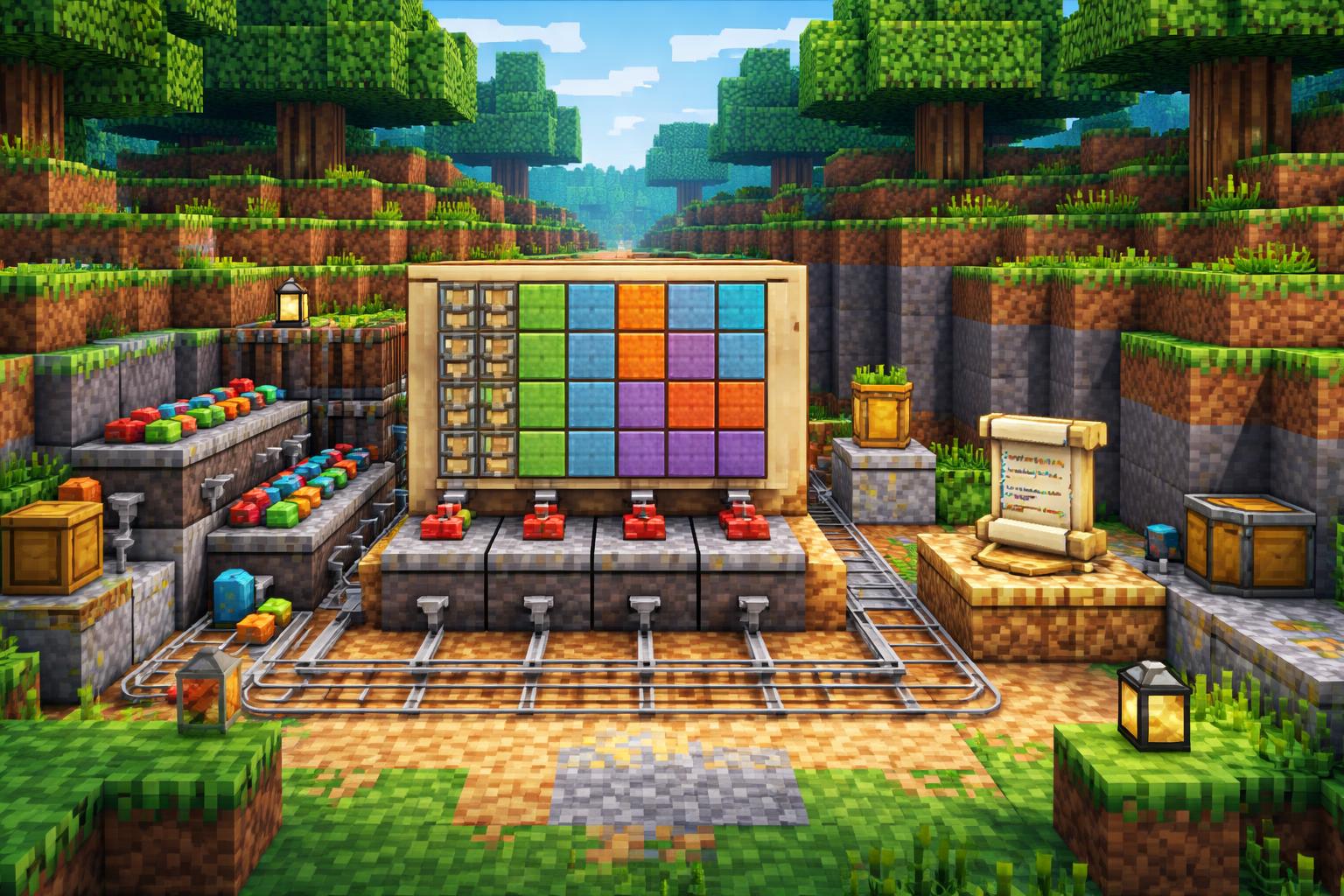 A voxel valley showing a grid preview turning scattered blocks into a neat responsive arrangement