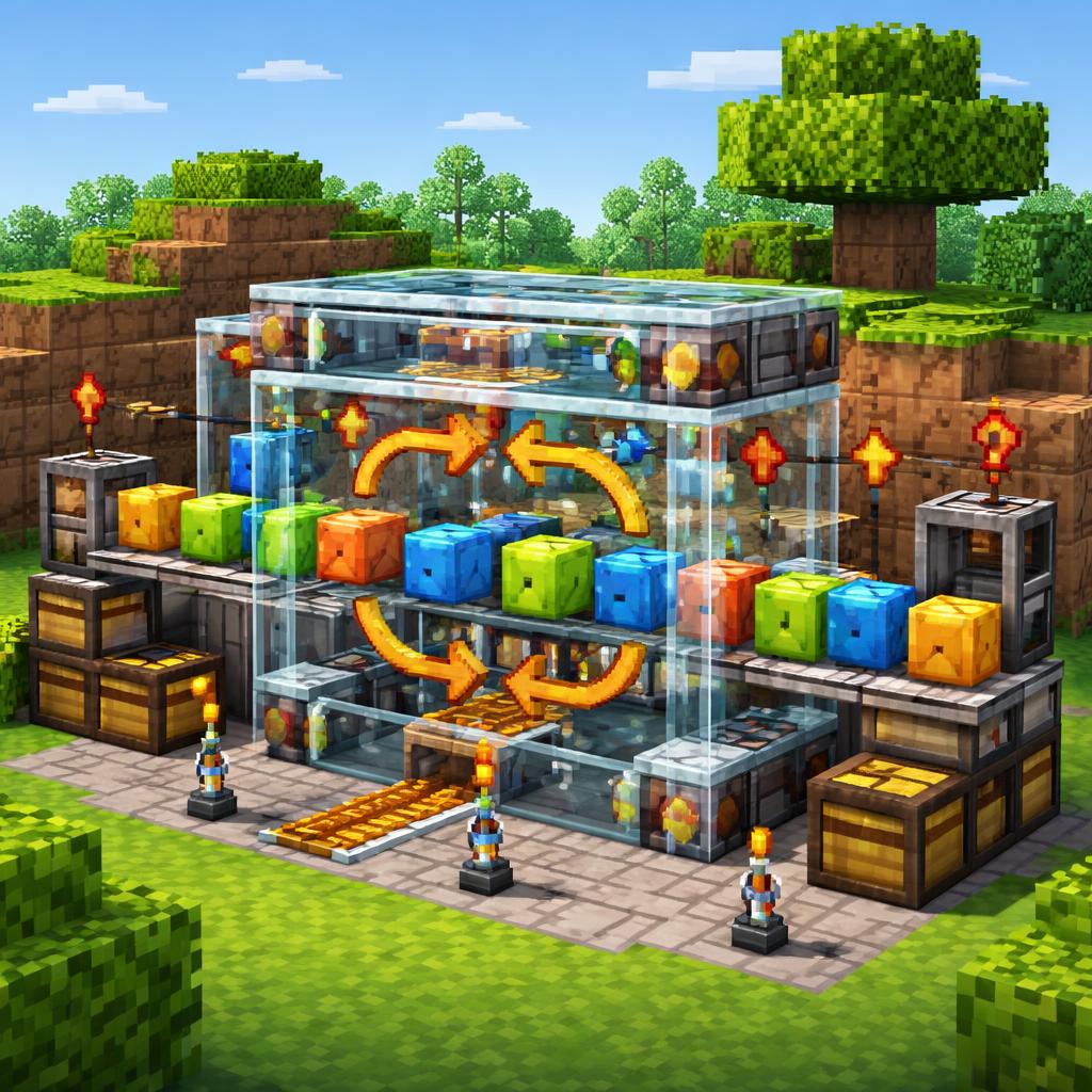 A voxel workshop scene where data cubes travel through a byte-order machine and emerge reversed