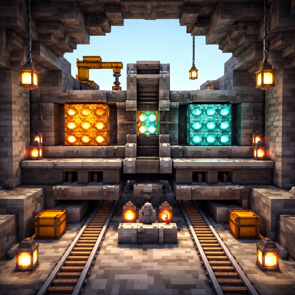 A cave-like data pipeline showing byte blocks being sorted and reversed in a compact redstone lab
