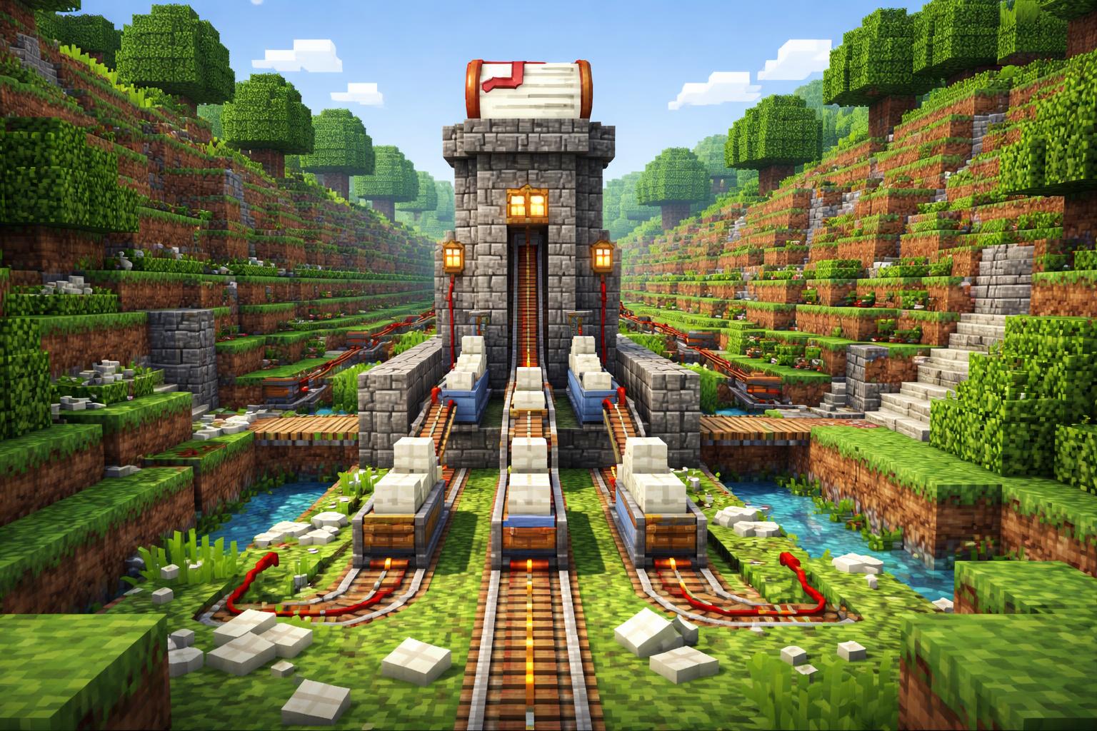Voxel valley with a PDF splitter tower separating pages into chests