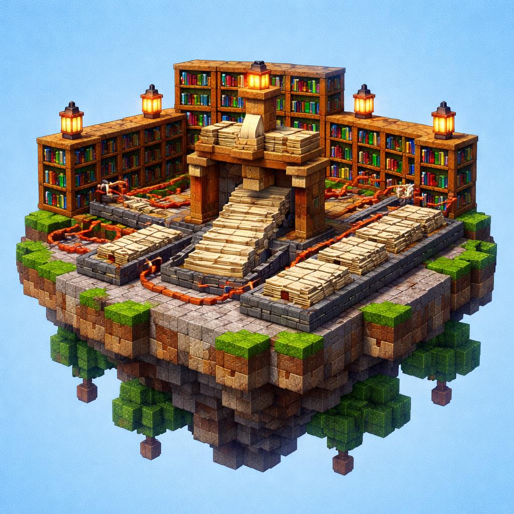 A voxel library where a text press organizes pages into numbered rows