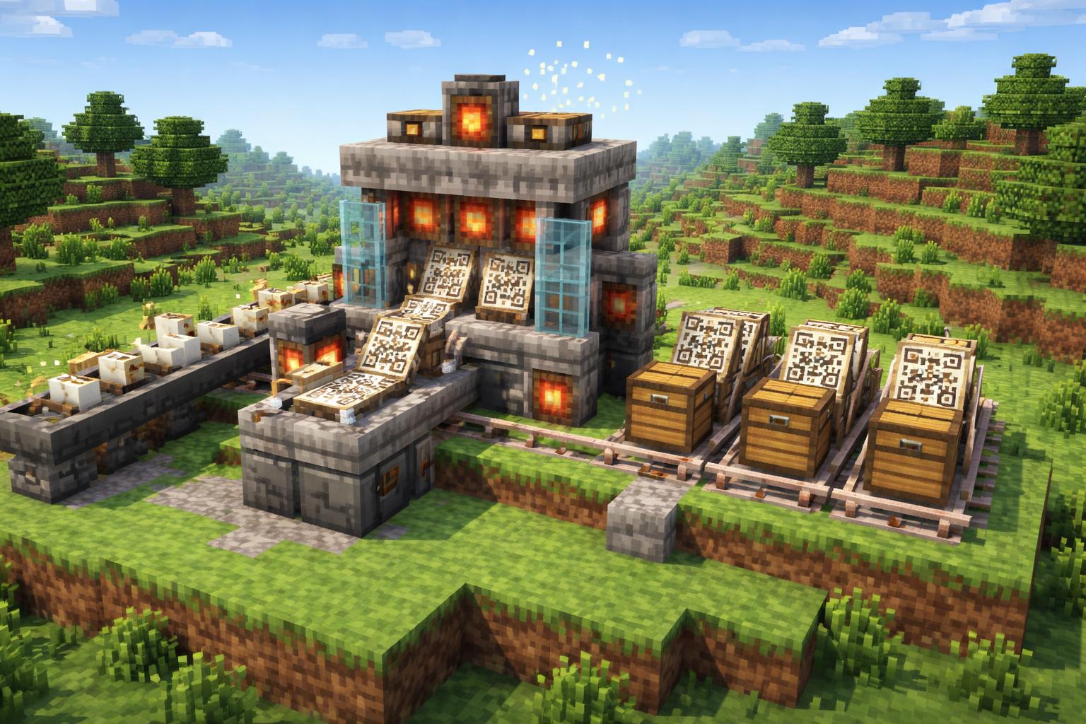 Hero banner showing a voxel machine producing a stream of QR tiles