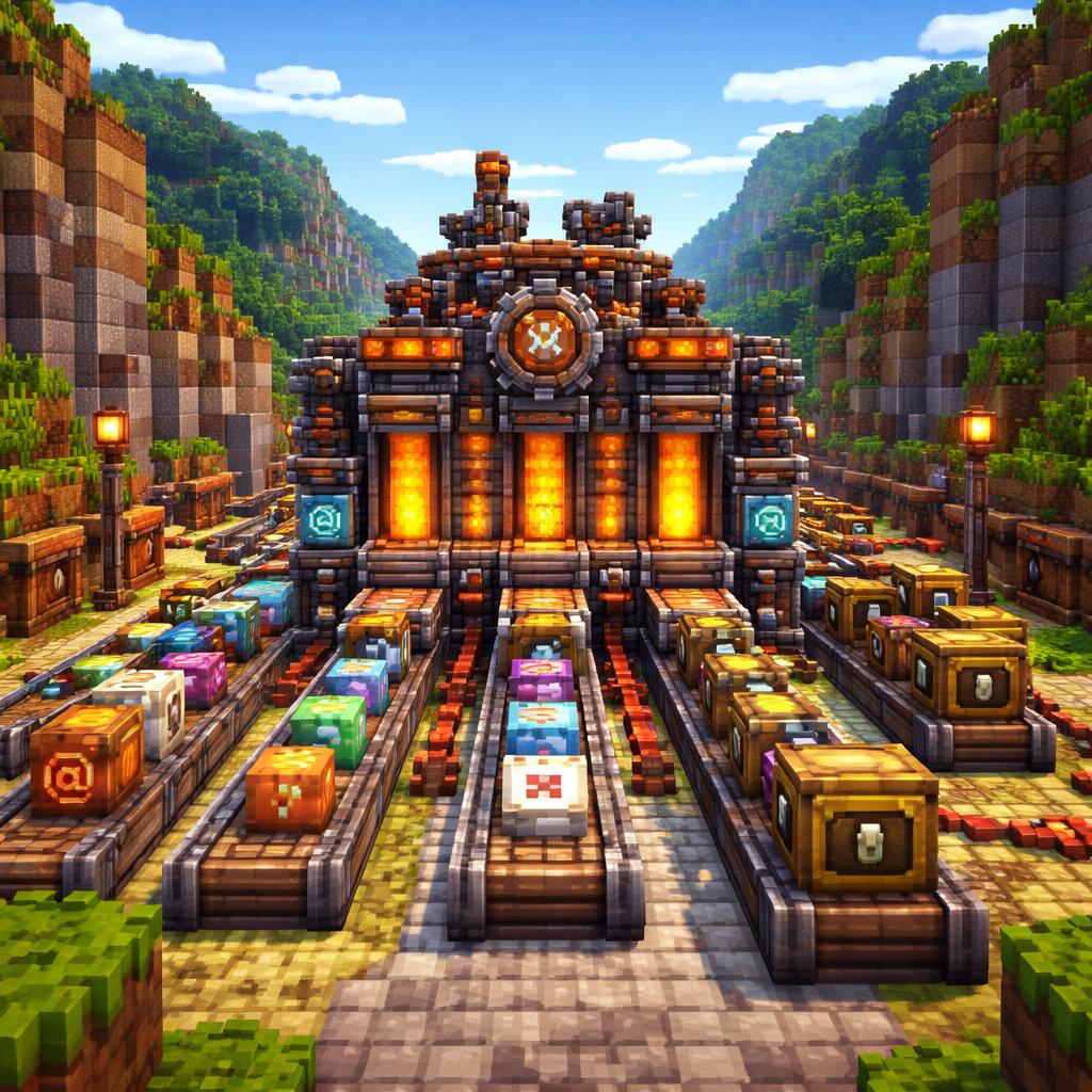 Voxel factory scene showing many outputs emerging from a secure bulk-processing line