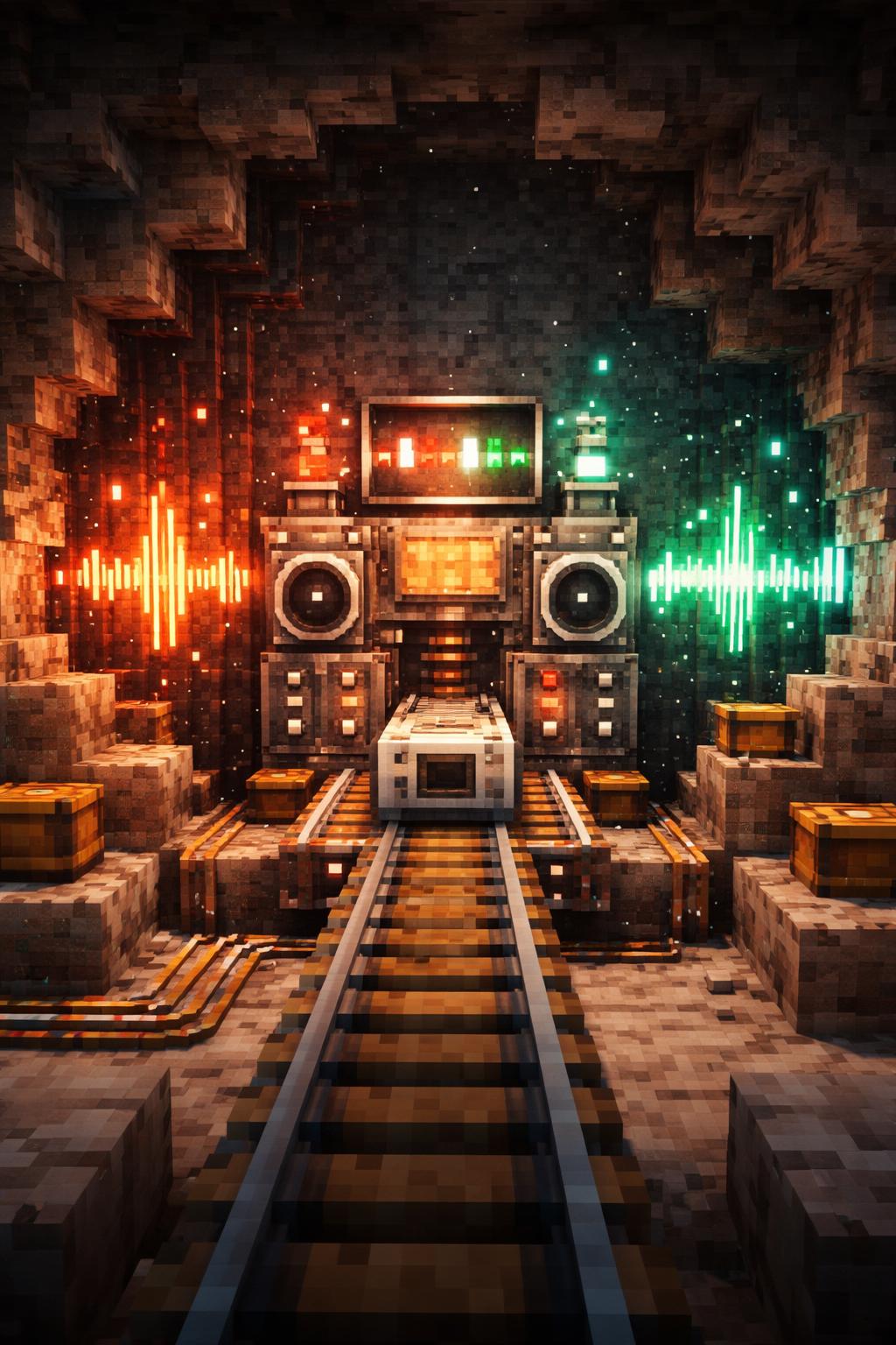 Voxel cave studio showing loud sound blocks being compressed into smoother audio levels
