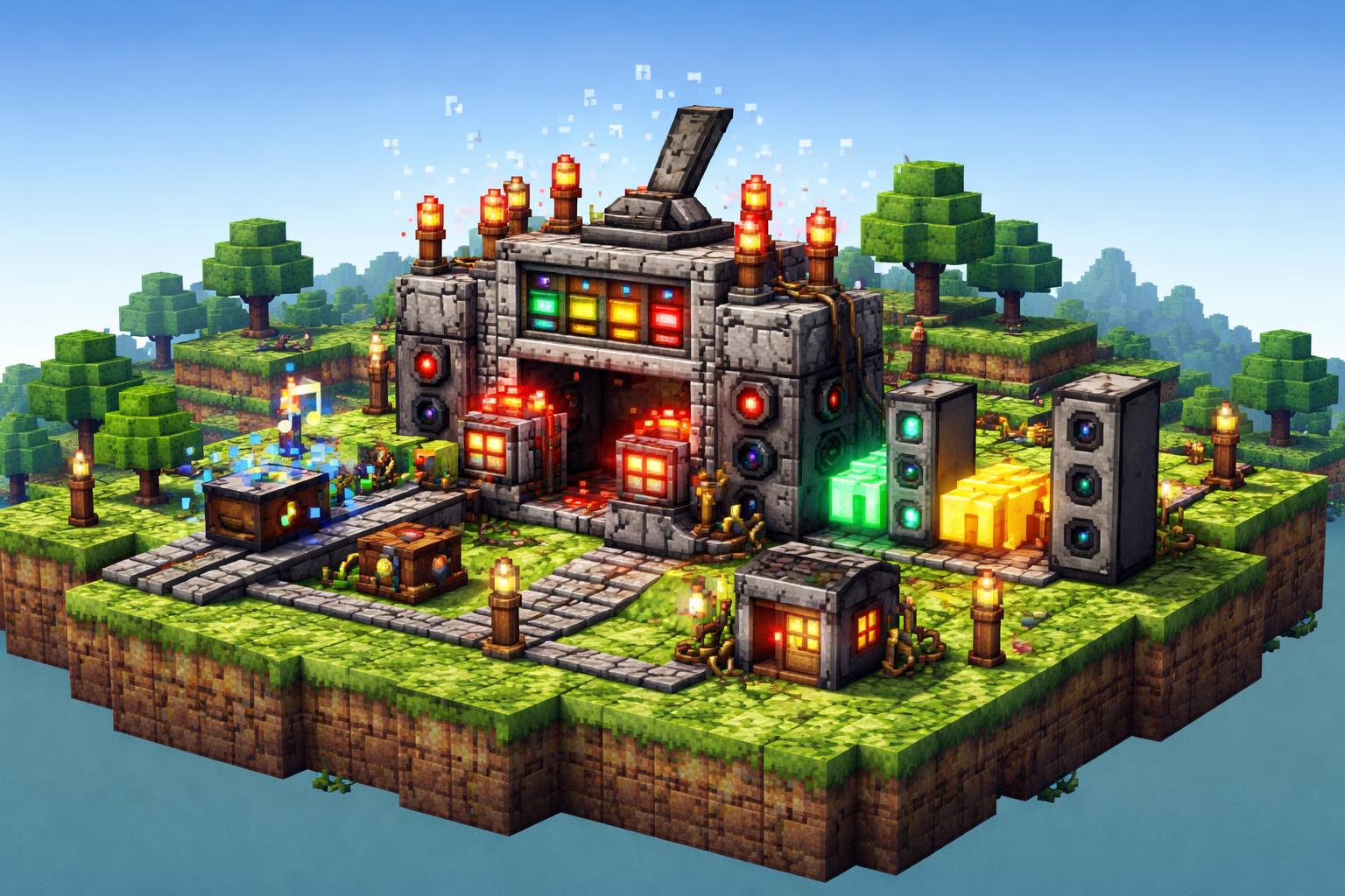 Hero banner showing a voxel audio amplifier machine processing sound blocks