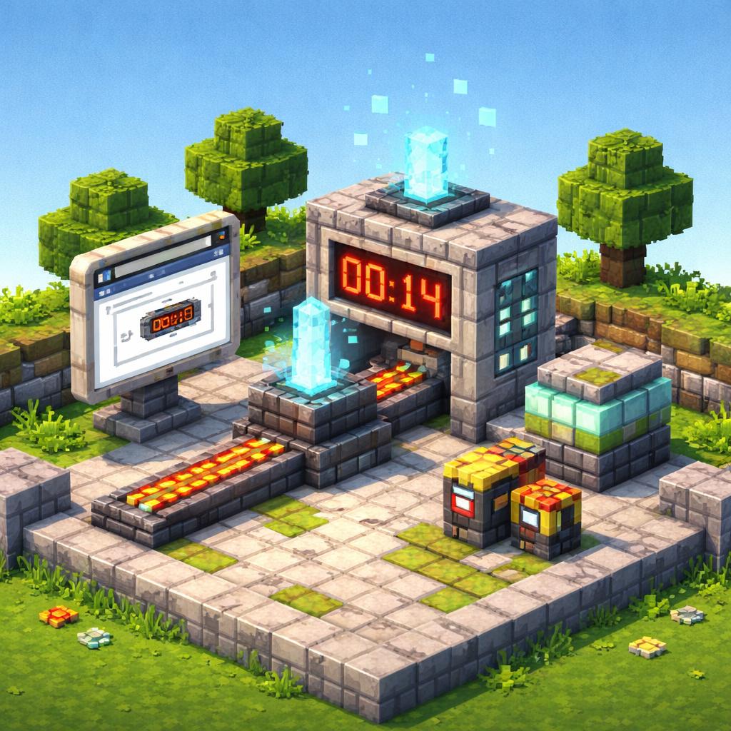 Voxel website courtyard showing a countdown timer embed being assembled