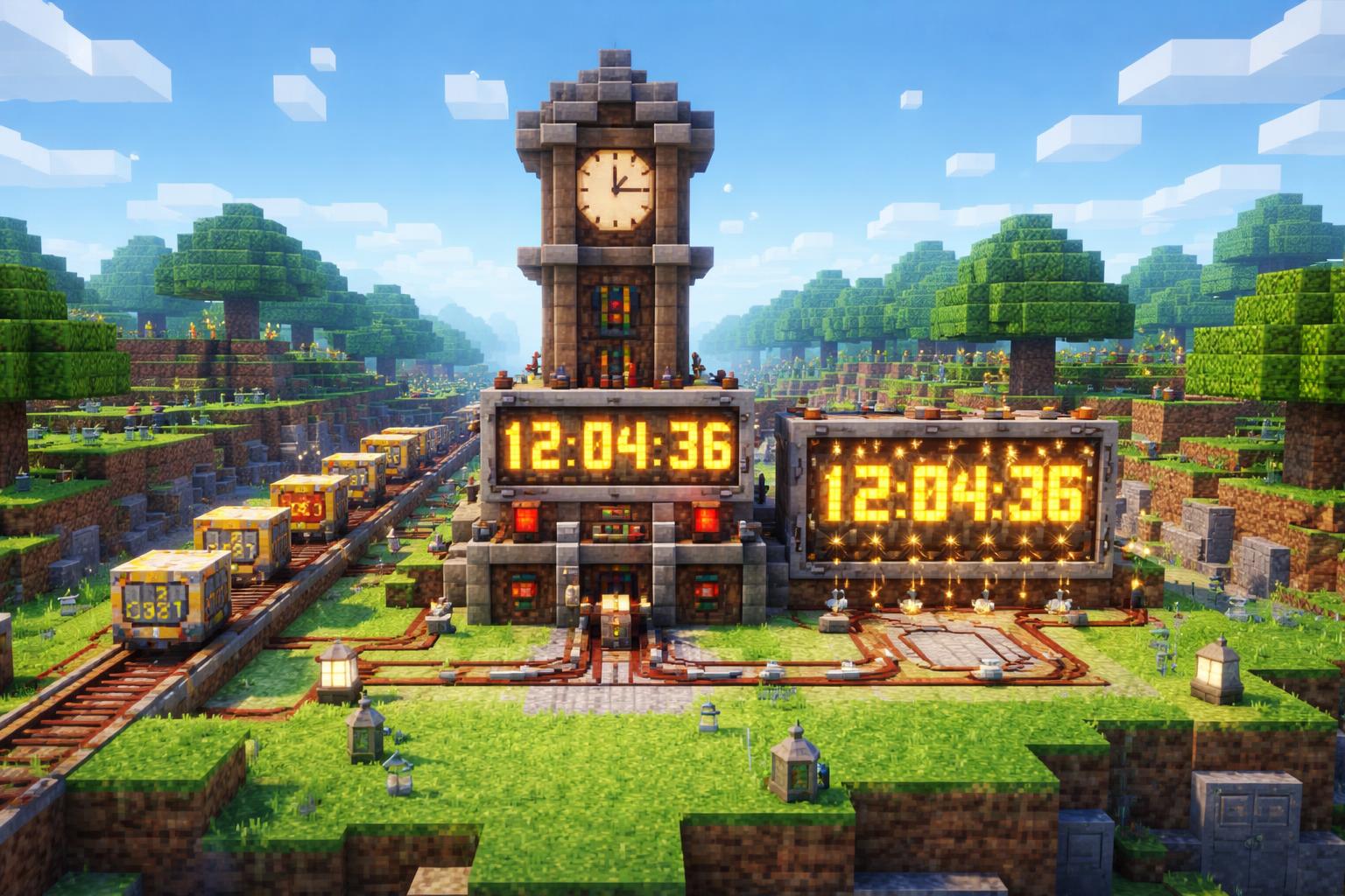 Voxel banner showing a redstone countdown clock tower on a grassy plateau
