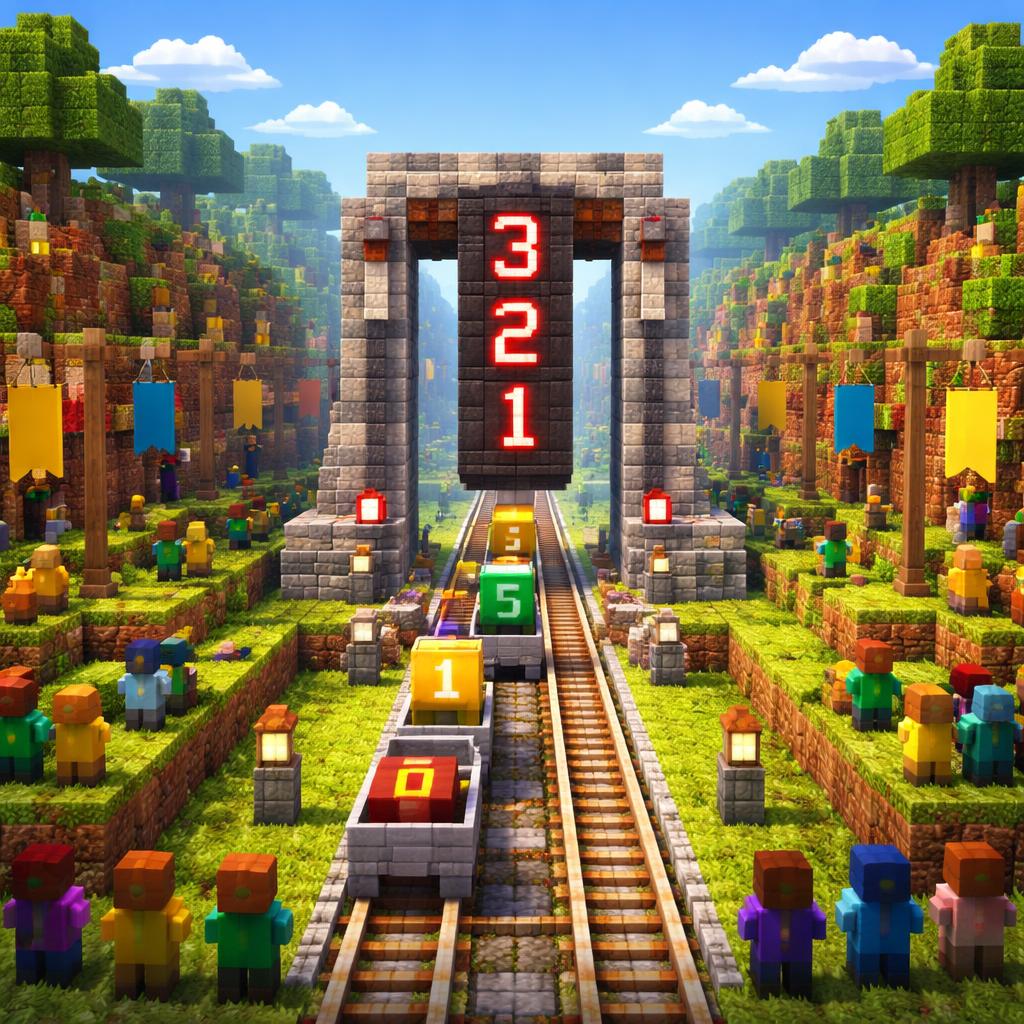 Voxel event valley with a countdown gate and redstone lamps descending toward launch time