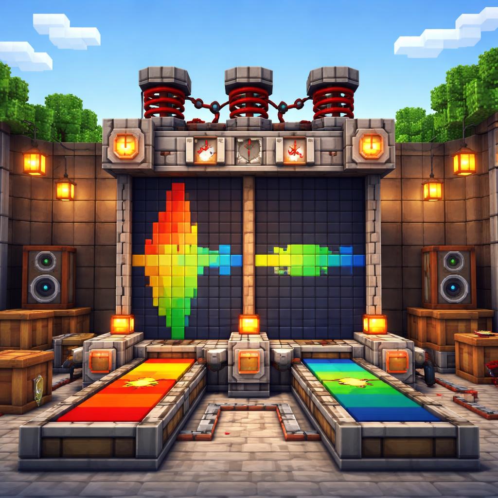 Voxel workshop scene showing waveform blocks being compressed by a machine