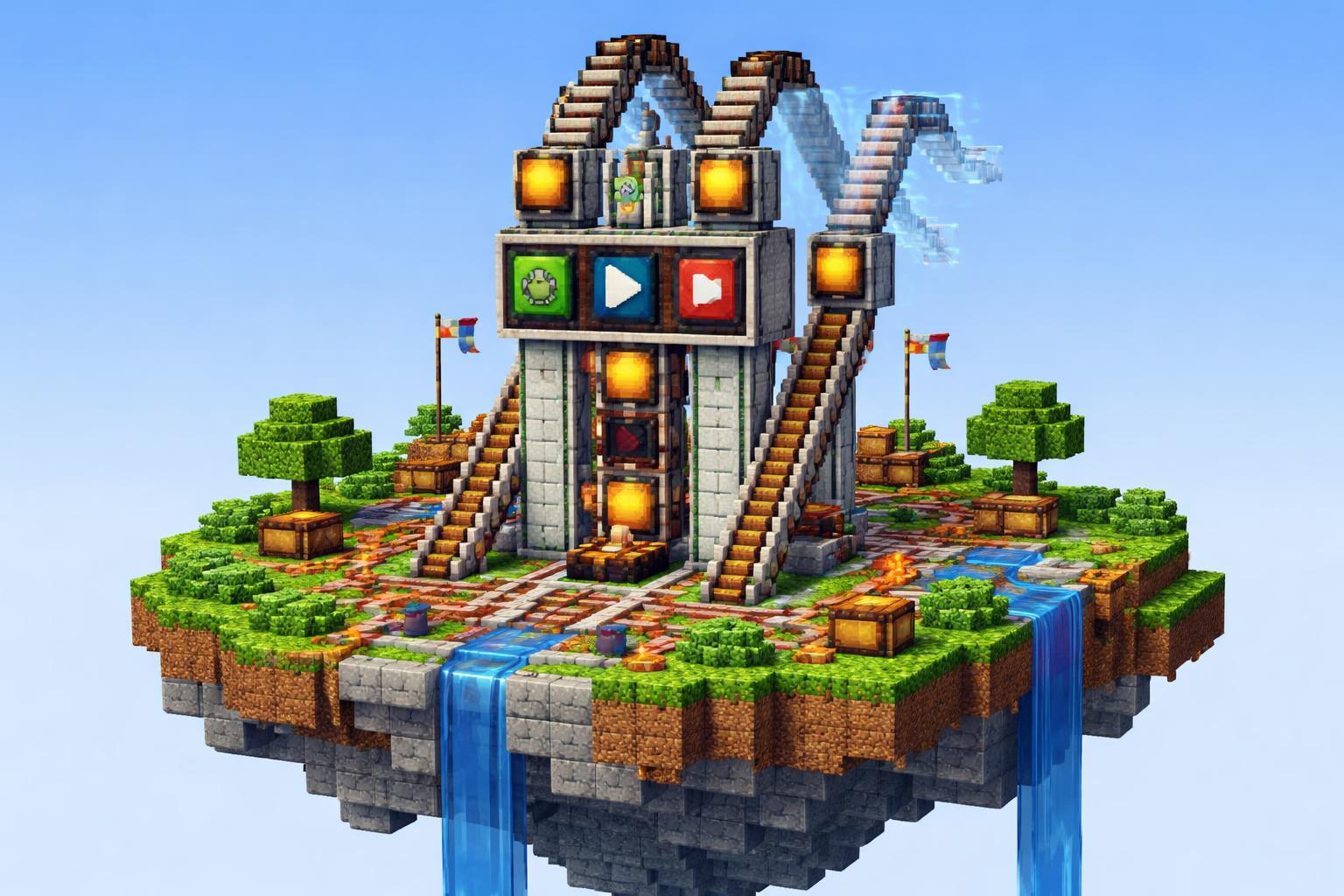 Voxel island with film rails splitting into slow, normal, and fast paths