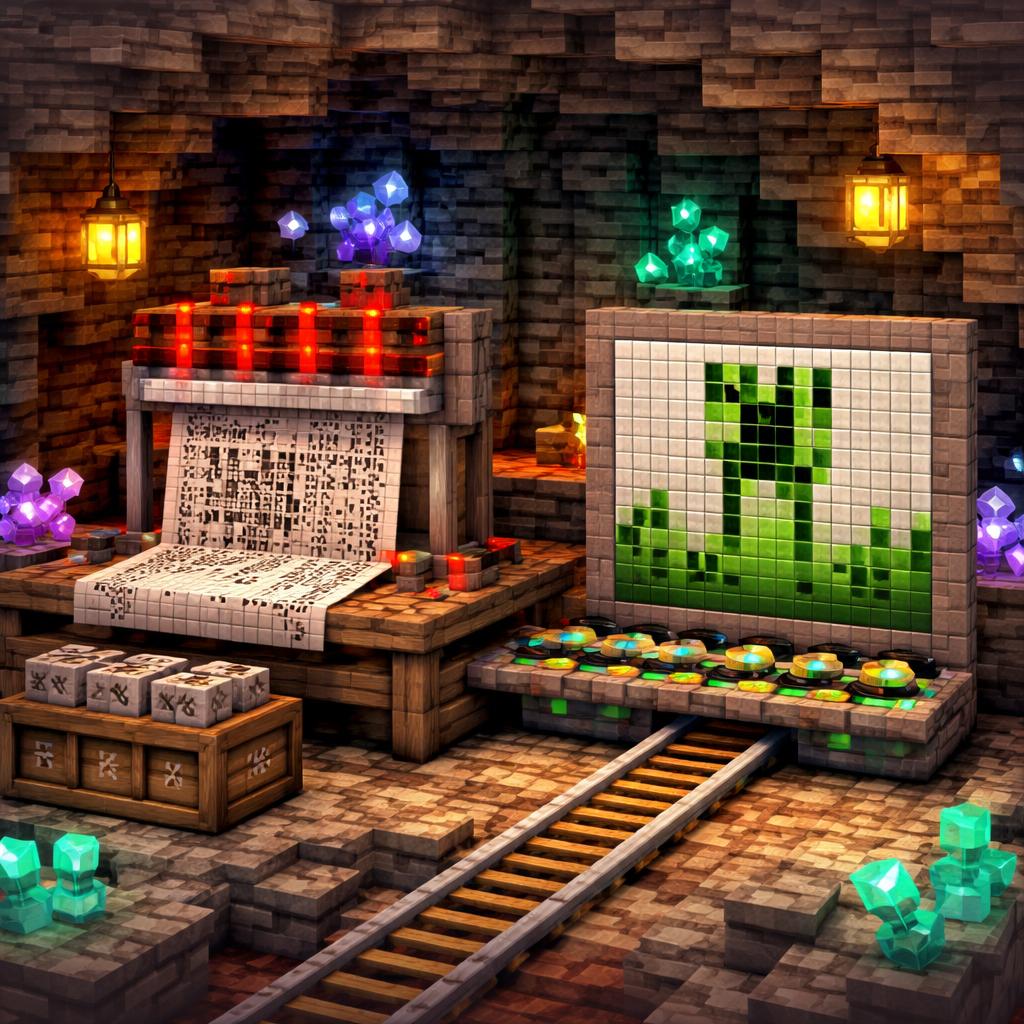 A cave studio with a redstone printer converting symbols into a polished image tile wall