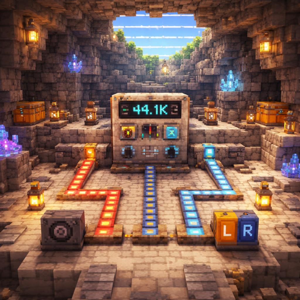 Voxel cave studio showing mono and stereo output paths with redstone indicators
