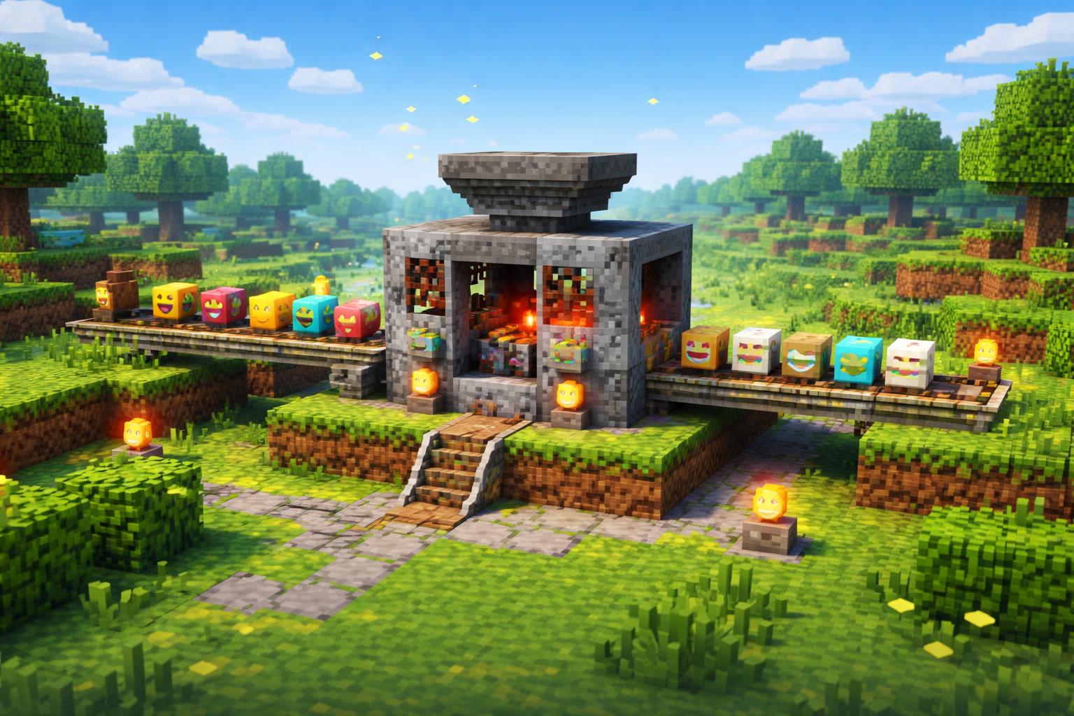 Banner illustration of an emoji decoding machine in a voxel workshop