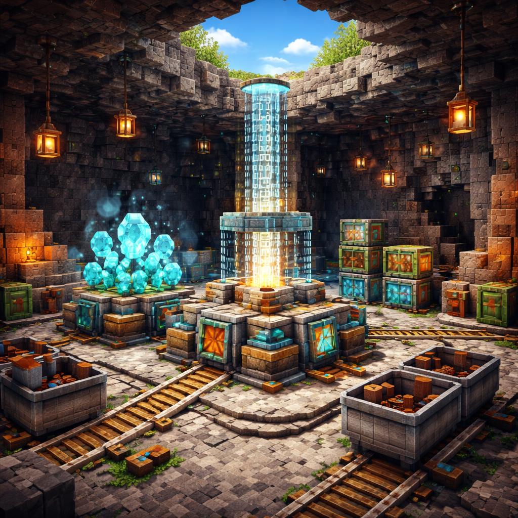 Voxel cave lab showing a glowing conversion altar producing binary blocks