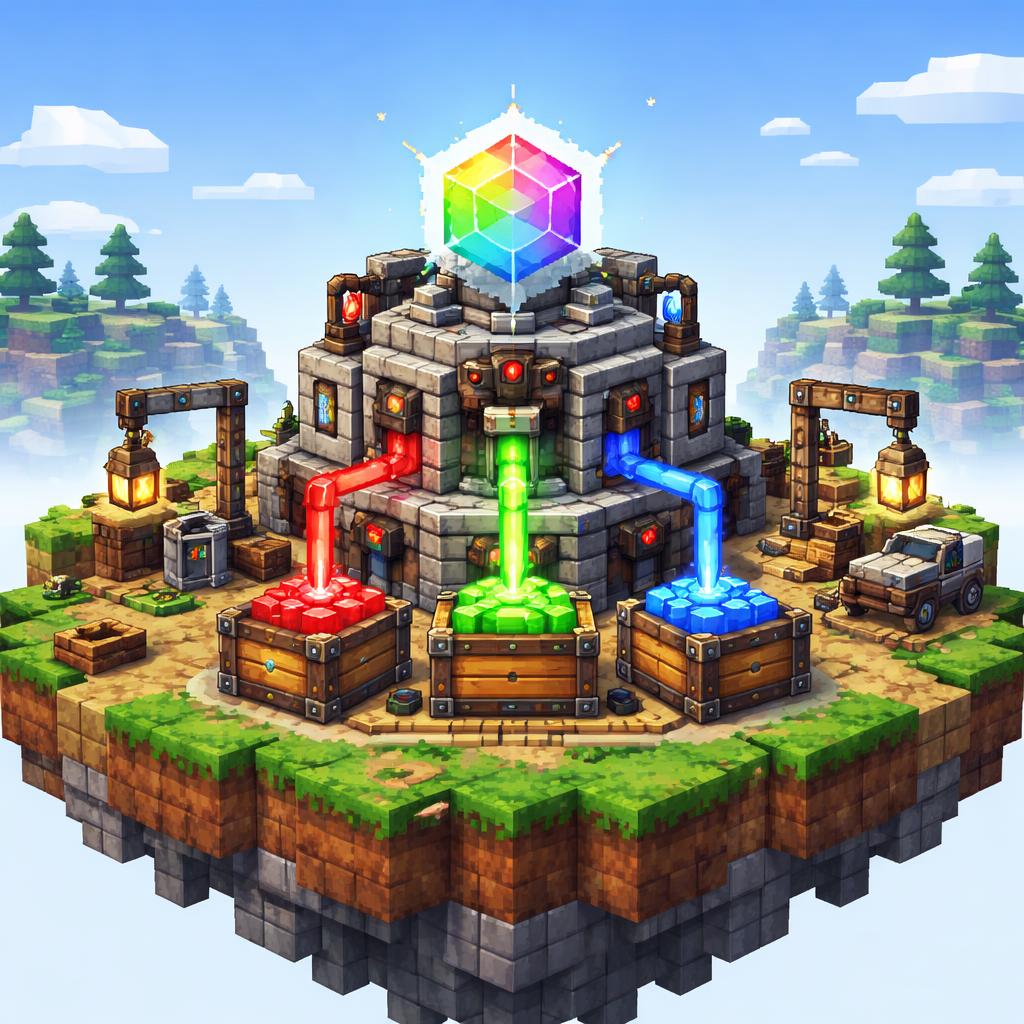 Floating island diorama with RGB color blocks leaving a converter machine