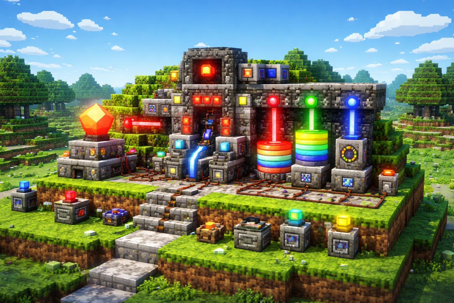 A voxel banner showing a hex color converter machine splitting one color into RGB, HSL, and HSV outputs