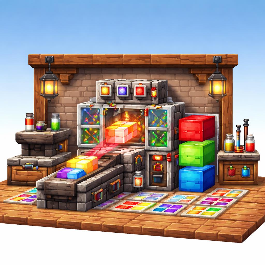 A voxel workshop where a hex block is analyzed into RGB outputs