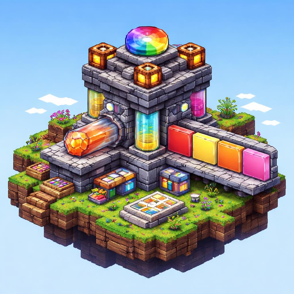 A voxel floating island with a color prism turning a hex gem into harmonious color formats