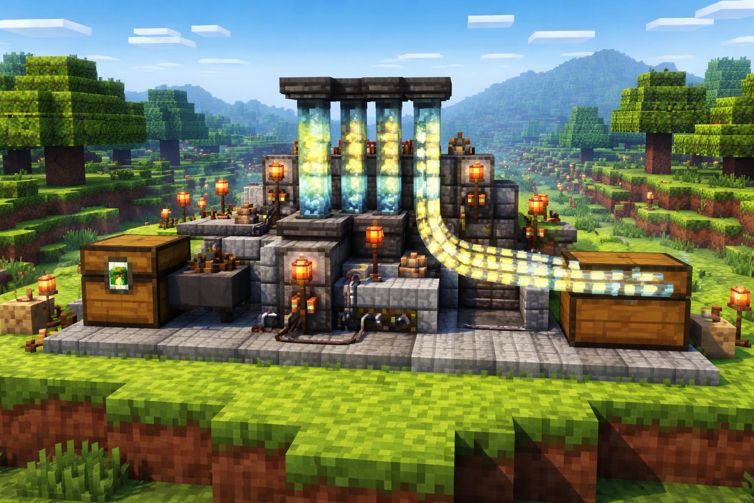 Hero banner showing an image-to-base64 encoding machine in a voxel workshop