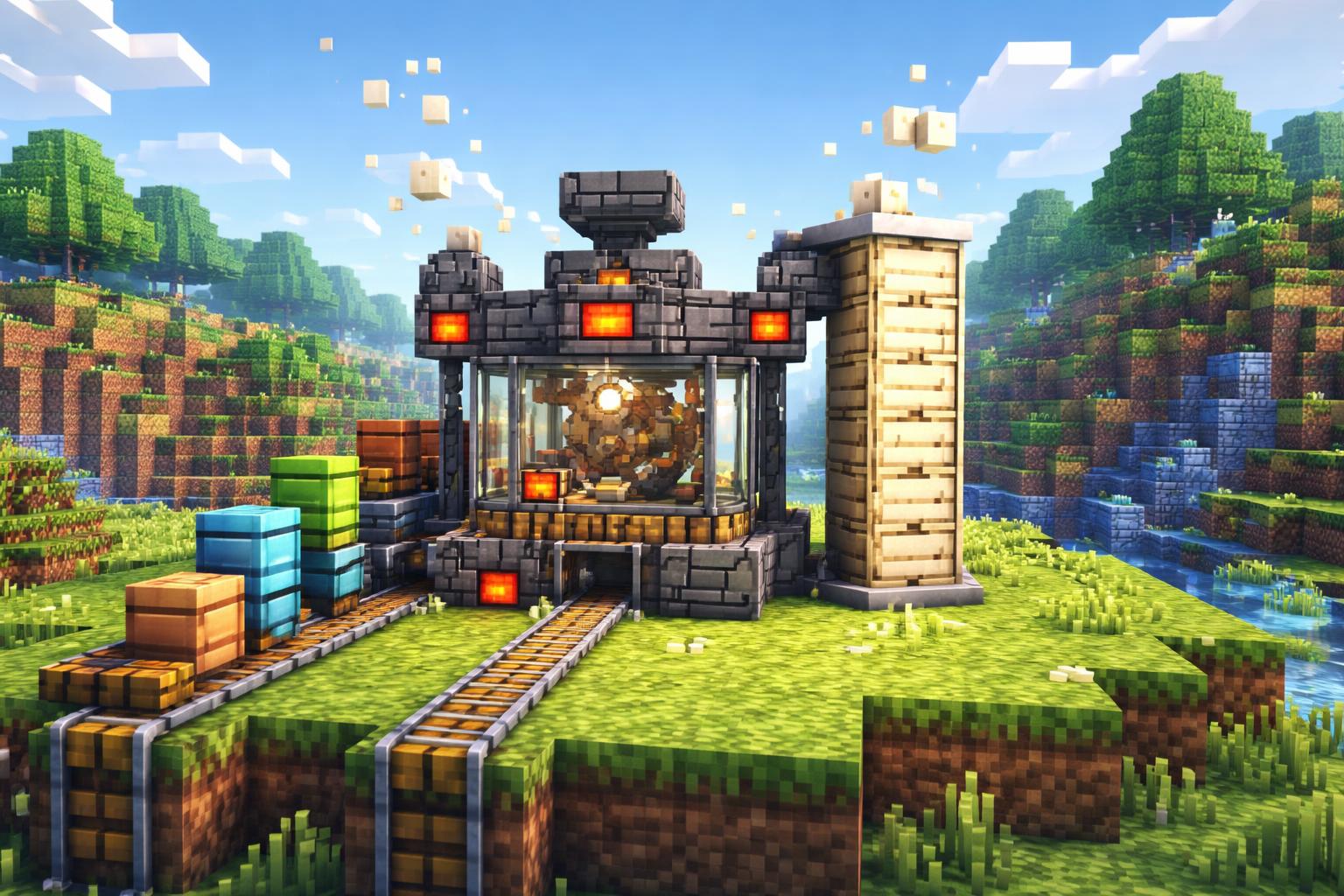 Hero banner showing a voxel machine converting JSON blocks into YAML