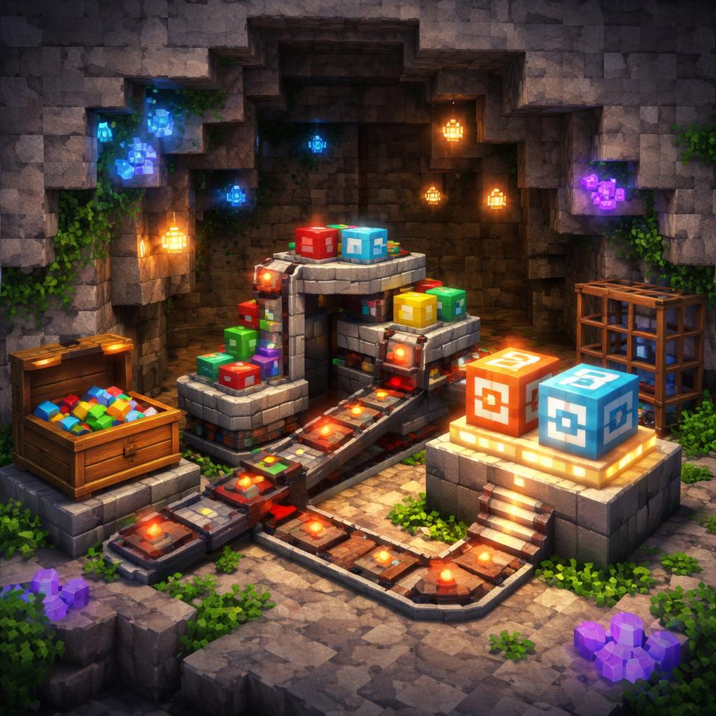 Voxel cave library scene representing data transformation from raw JSON into organized YAML blocks