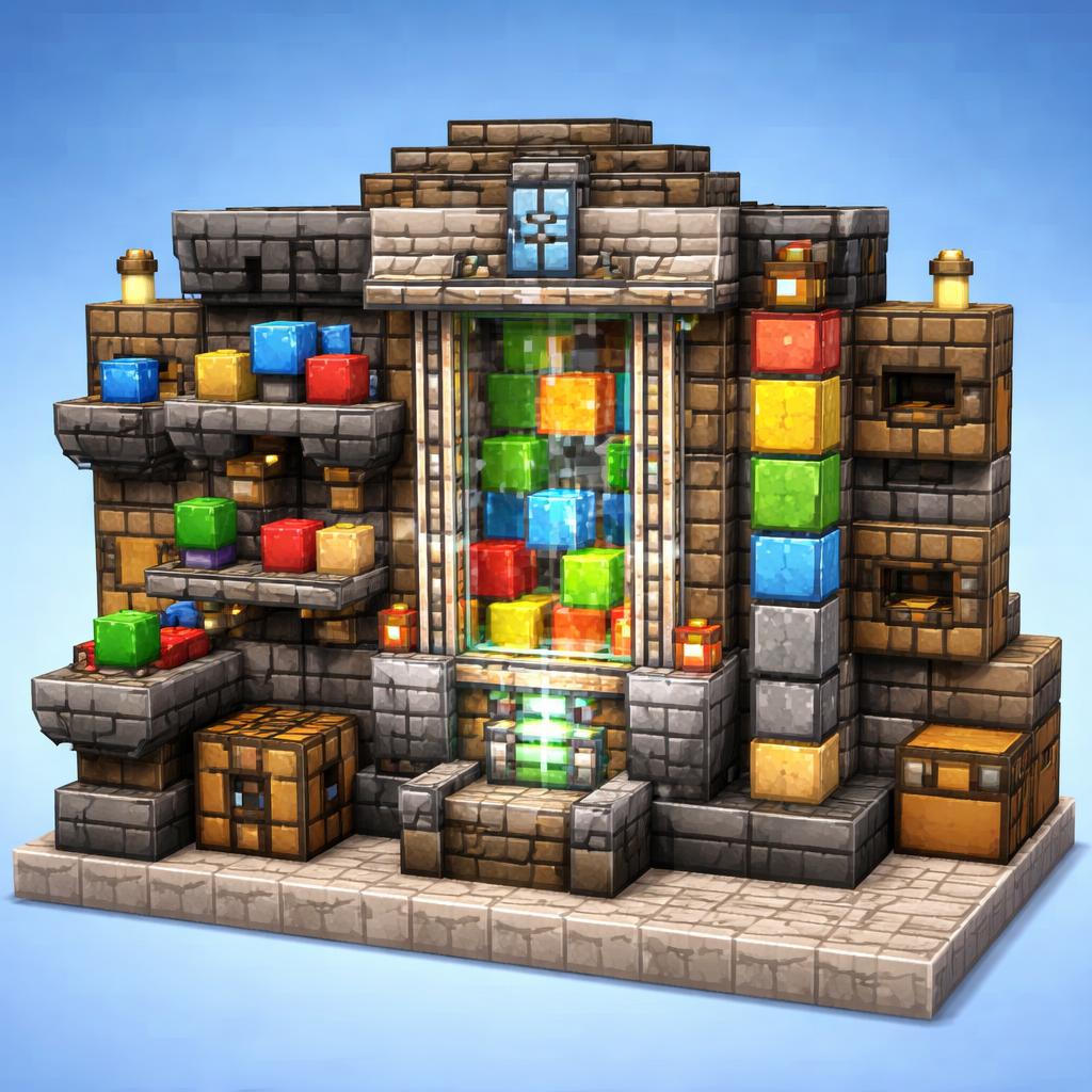 Voxel workshop scene showing JSON being sorted into a structured YAML output