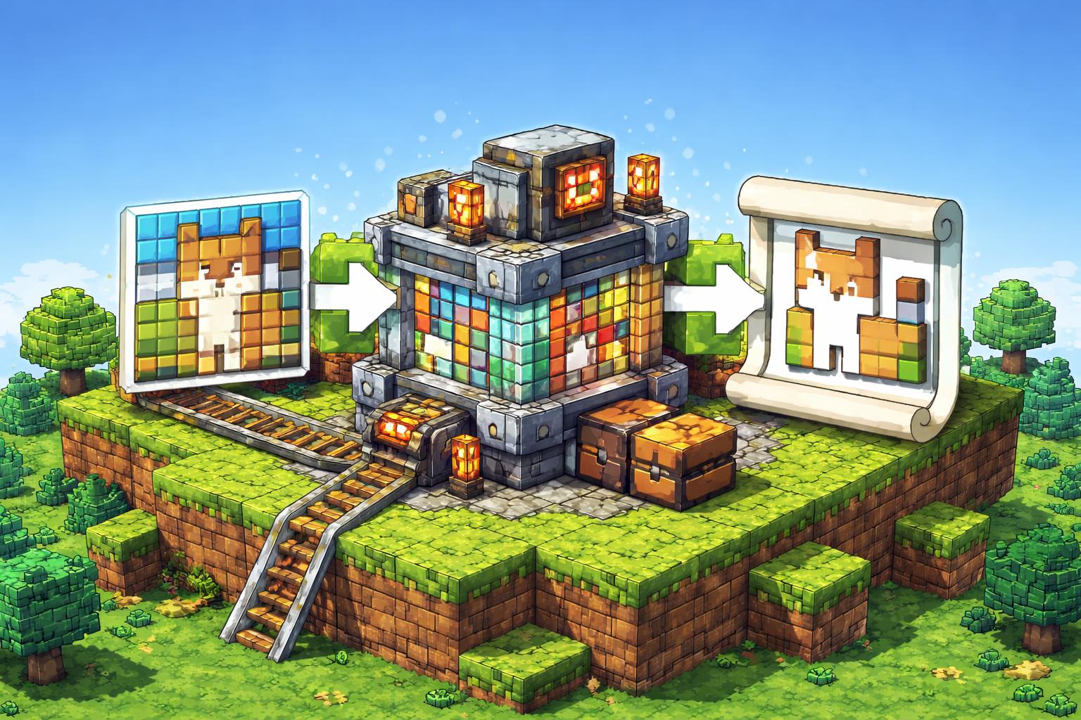 A voxel-style conversion machine turning a PNG into a clean SVG banner