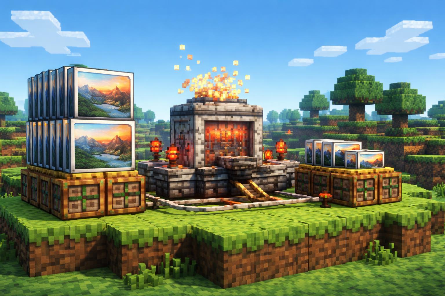 Banner showing a voxel conversion machine turning TIFF blocks into JPG blocks