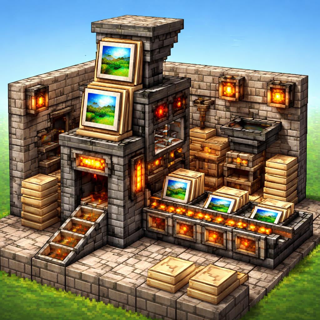Voxel workshop with a redstone compressor processing oversized TIFF blocks into compact JPG tiles