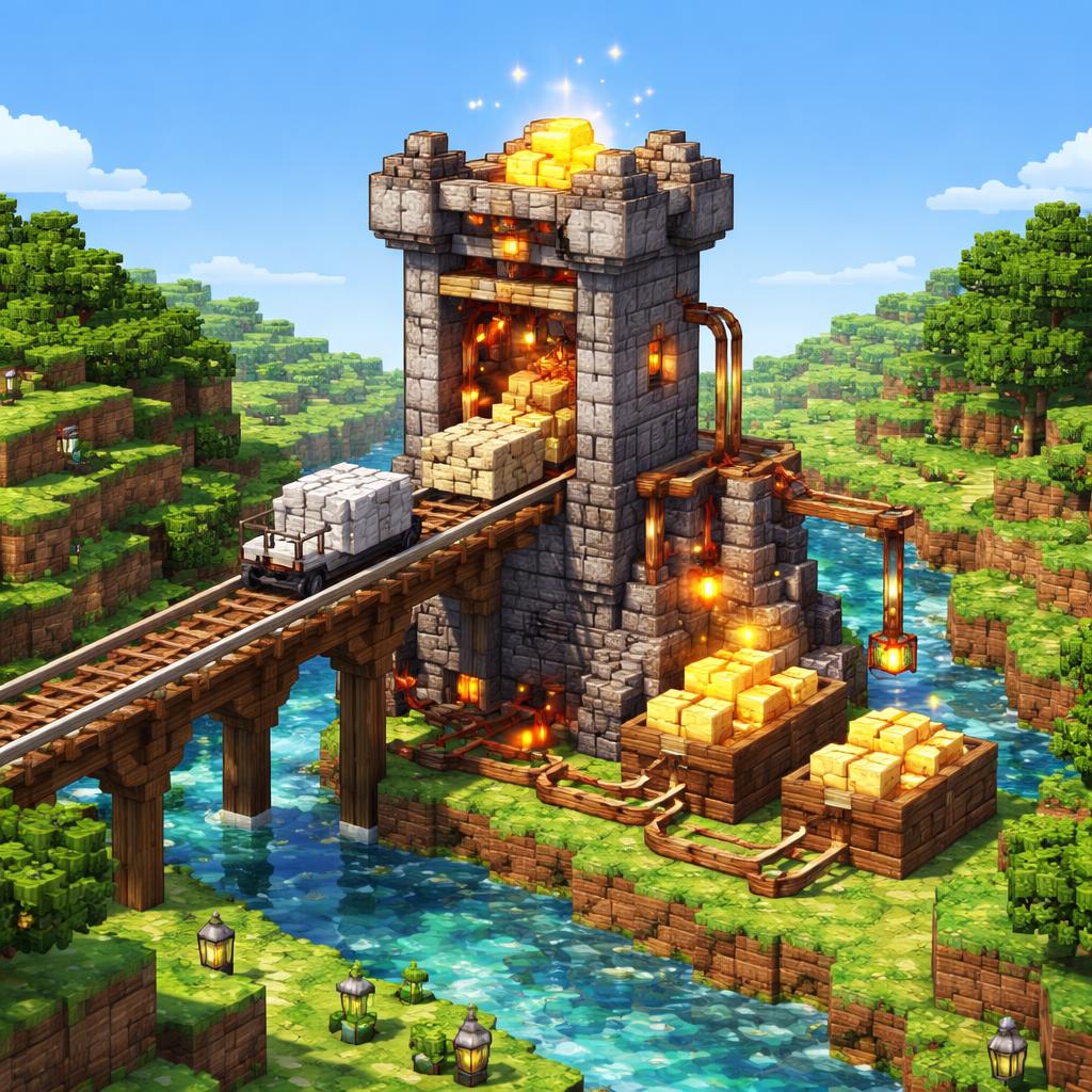 Voxel valley scene showing TIFF blocks arriving by rail and exported JPG crates leaving the conversion tower
