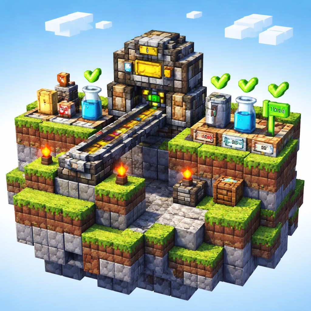 Voxel workshop scene showing measurement blocks being processed by a calibration machine