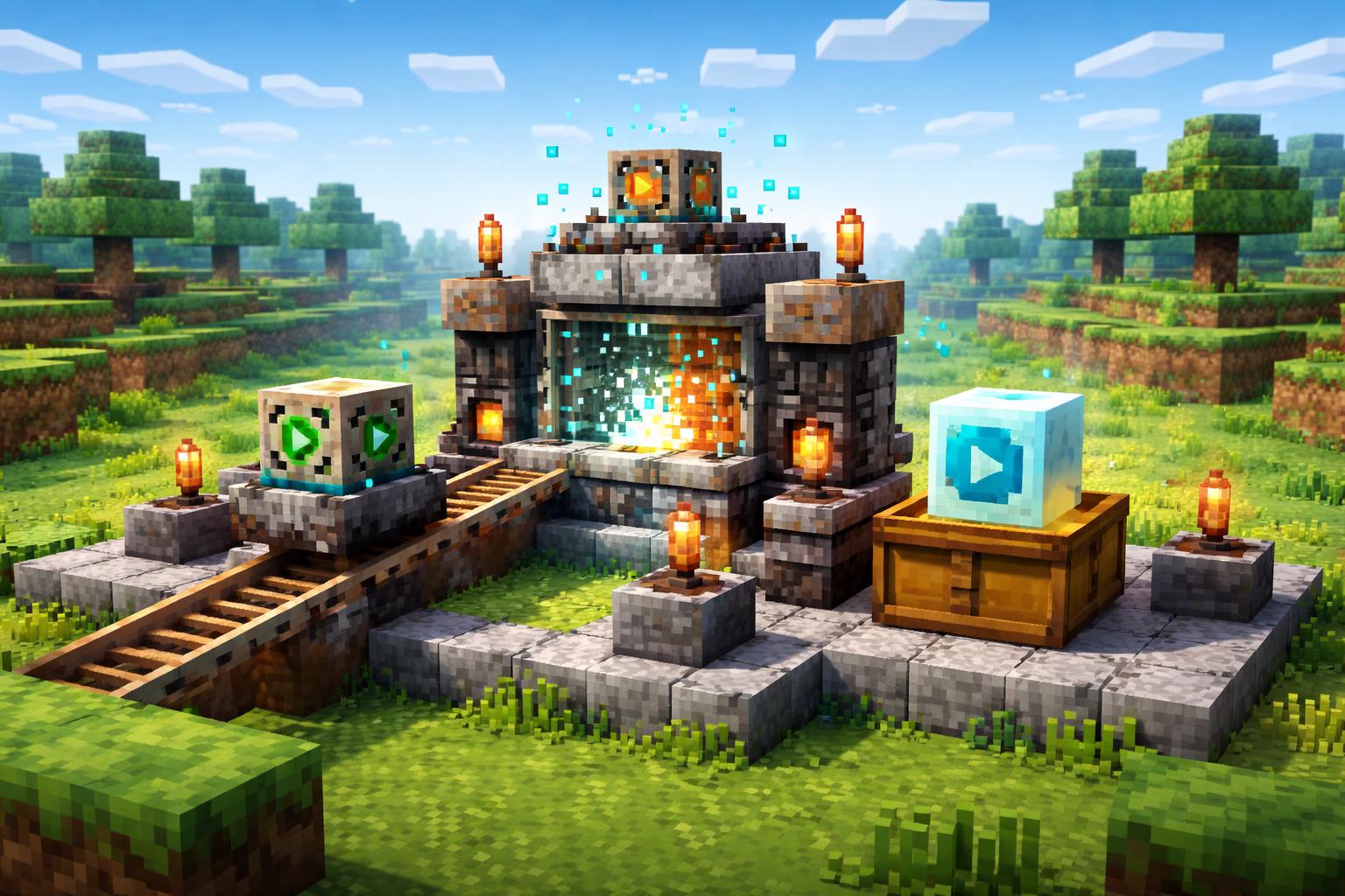 Hero illustration of a voxel WebM-to-MP4 conversion machine