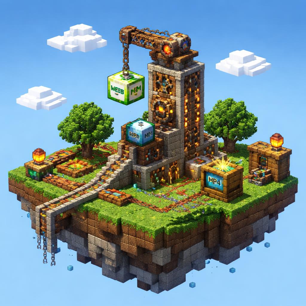 Voxel floating-island foundry showing a fast private video conversion workflow