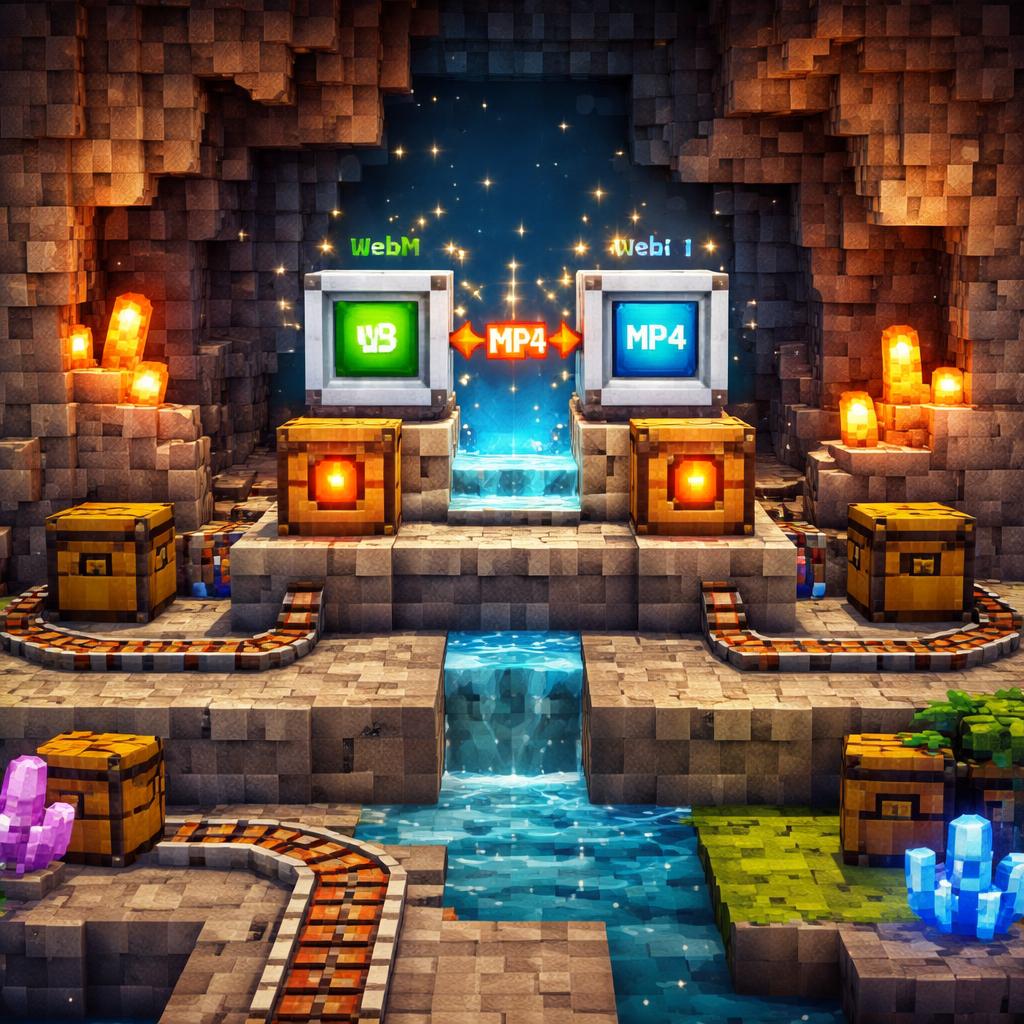 Voxel cave lab transforming a rough WebM block into a polished MP4 block