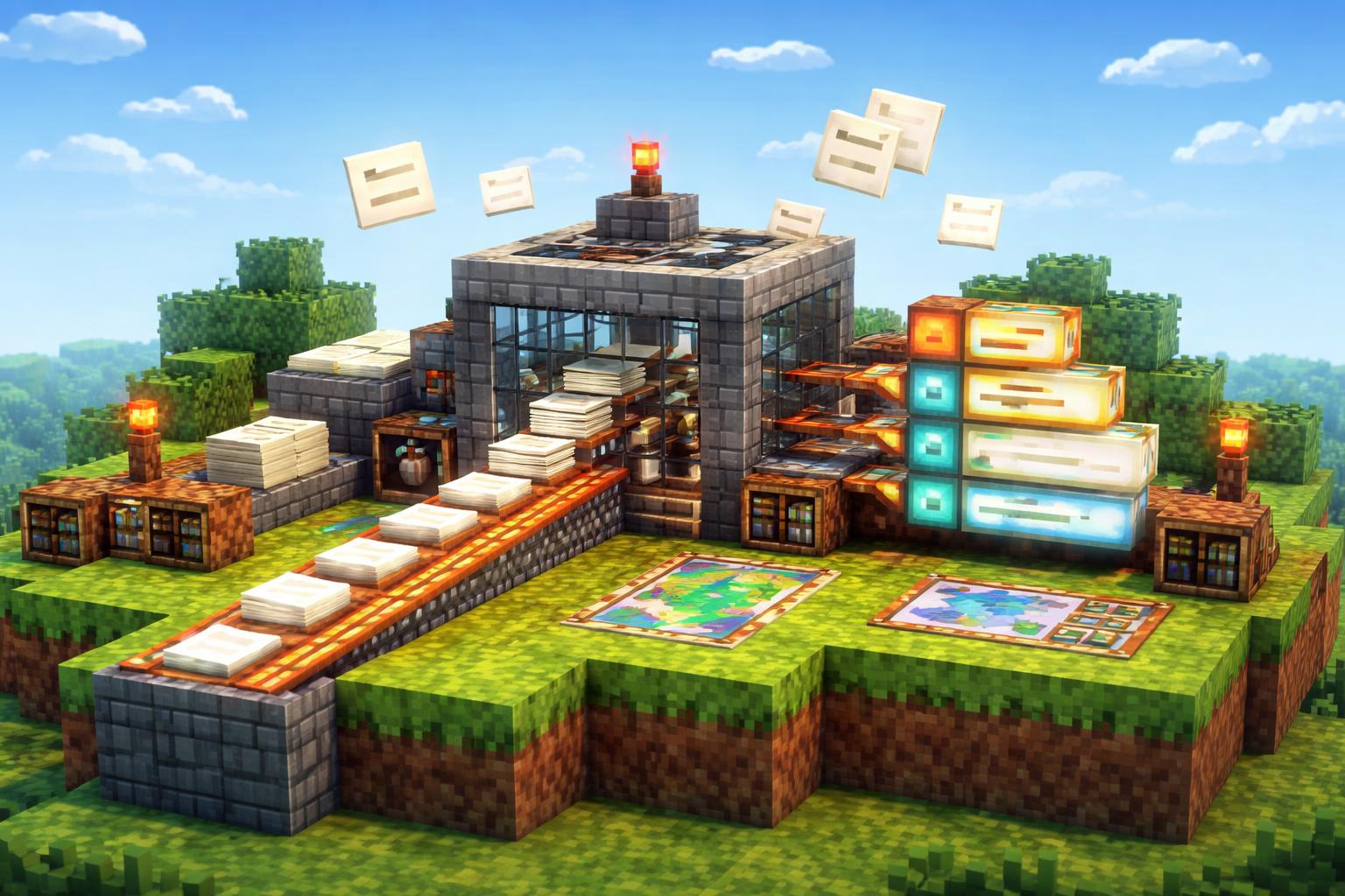 Hero banner showing a voxel machine building a nested PDF outline
