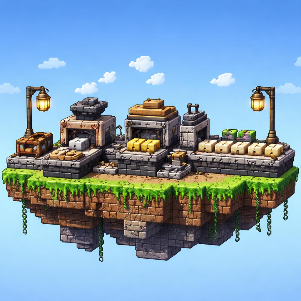 Voxel factory transforming text into kebab-case on a floating island
