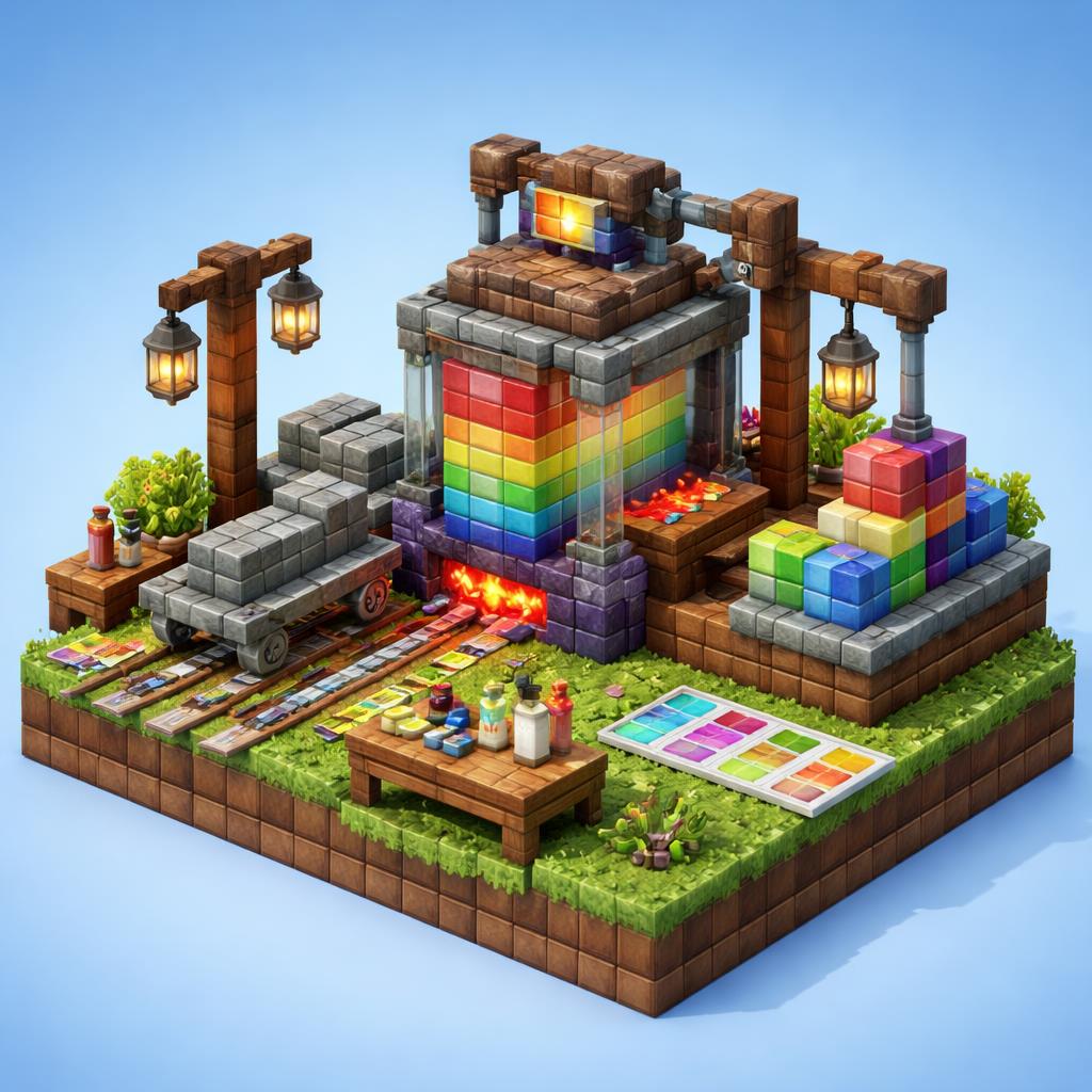 Voxel workshop scene showing plain text blocks being transformed into gradient text